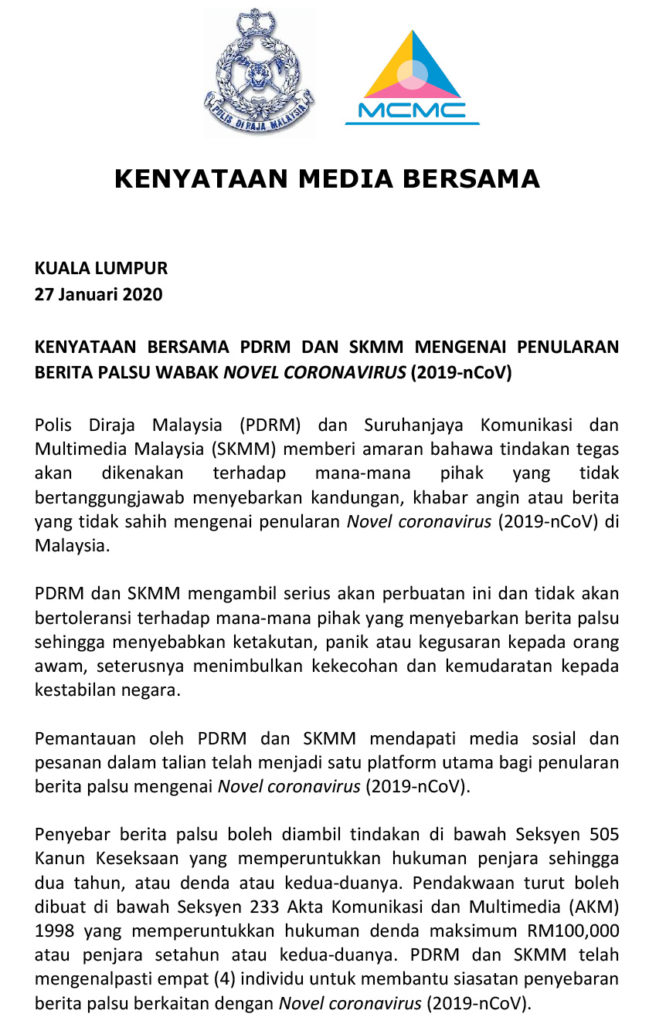 Kongsi maklumat palsu tentang Coronavirus, anda akan didenda 